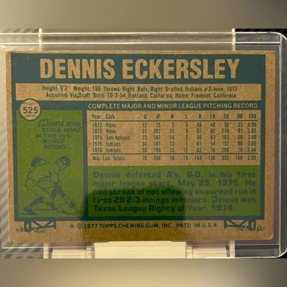 DENNIS ECKERSLEY 1977 INDIANS TOPPS #525 BASEBALL CARD VINTAGE - HOF - Picture 2 of 3